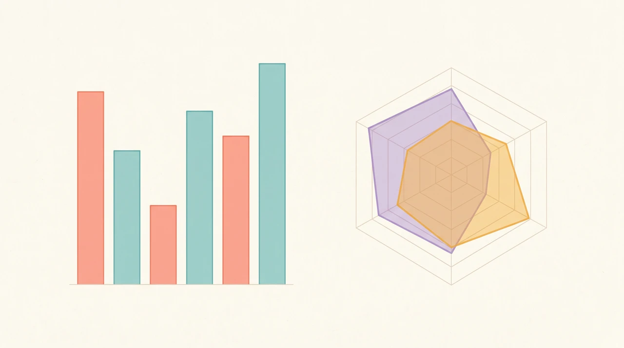 Minimal data visualization with bar chart and radar chart representing benchmark scores for LLM summarization and extraction