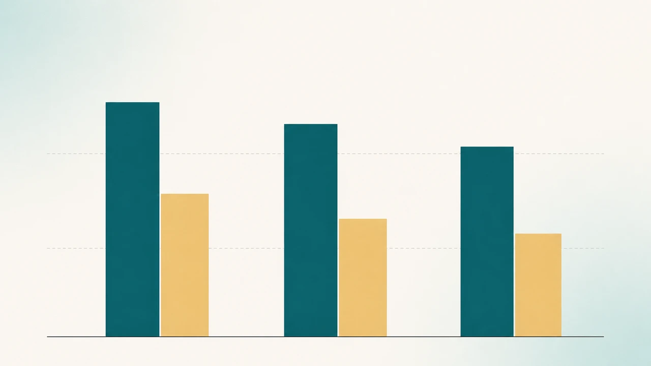 Minimalist editorial bar chart with three pairs of teal and sand-yellow vertical bars on an off-white background, representing the abstract shape of a three-way model pricing comparison.