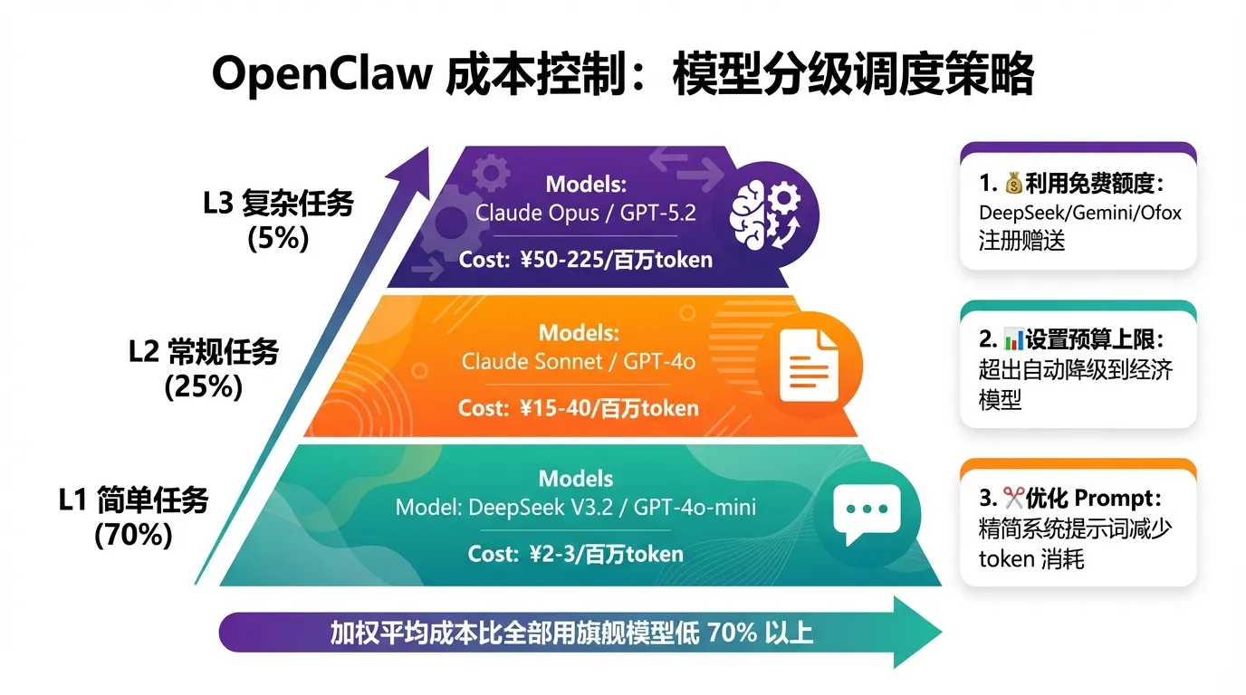 Стратегия многоуровневой маршрутизации моделей OpenClaw — L1 простые задачи 70% DeepSeek/GPT-4o-mini, L2 обычные задачи 25% Claude Sonnet/GPT-4o, L3 сложные задачи 5% Claude Opus/GPT-5.2, средневзвешенная стоимость снижается на 70%+