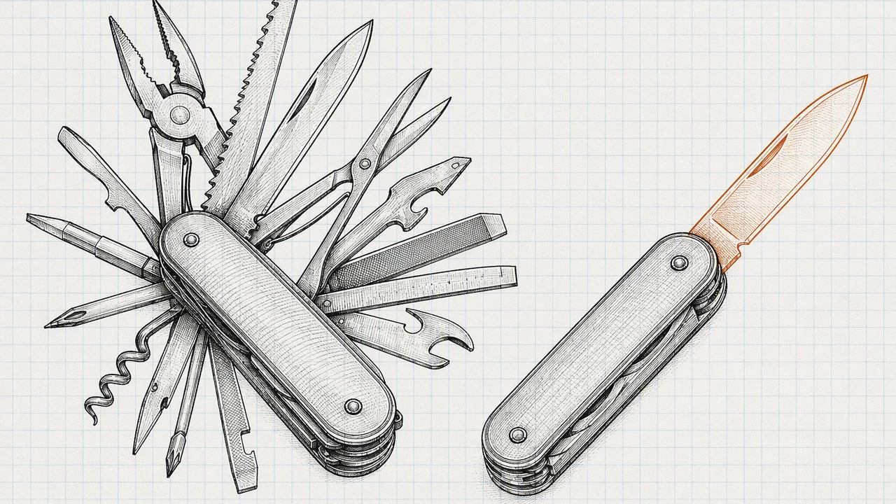 A pen-and-ink patent-style drawing of two folding pocket tools side by side: one with many attachments fanned fully open, the other with a single machined blade extended