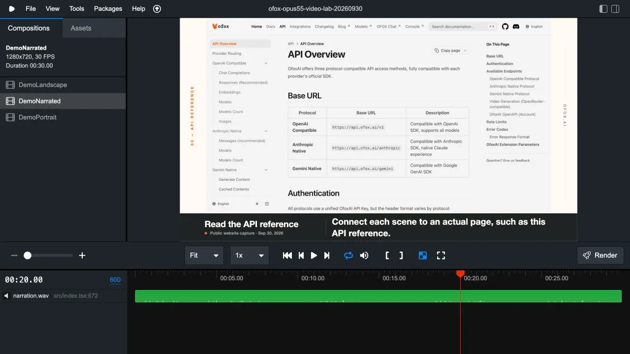 Real Remotion Studio showing the narrated composition, caption and audio timeline