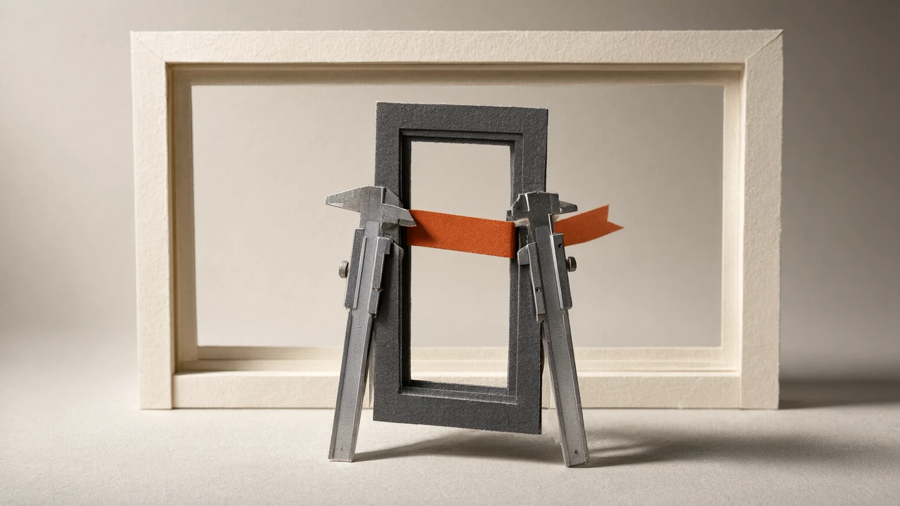 Layered paper-craft diorama in cream and charcoal grey with one orange accent, showing a terminal window whose context window is clamped by a measuring caliper while a wider frame sits unused behind it