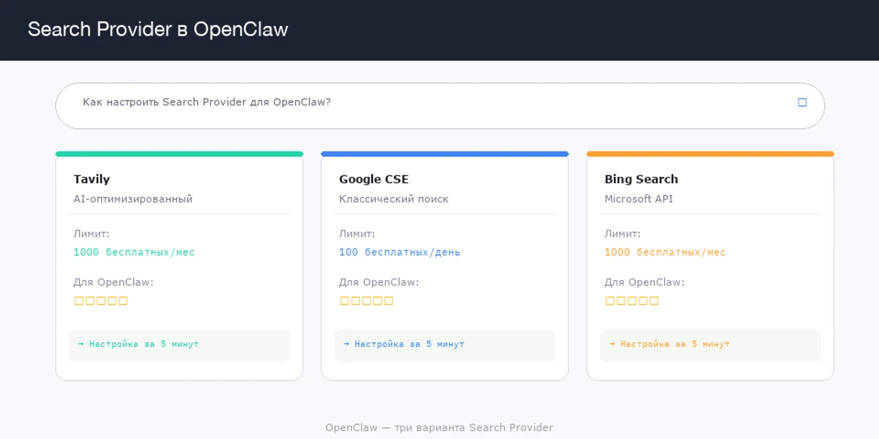 Search Provider в OpenClaw: Tavily, Google и Bing (2026)