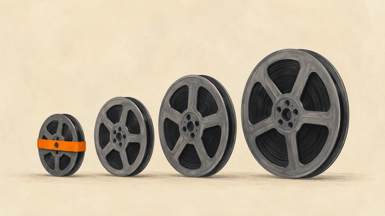 Four film reels of different sizes on a warm off-white surface, the smallest one wrapped in an orange band, abstract representation of choosing a model tier