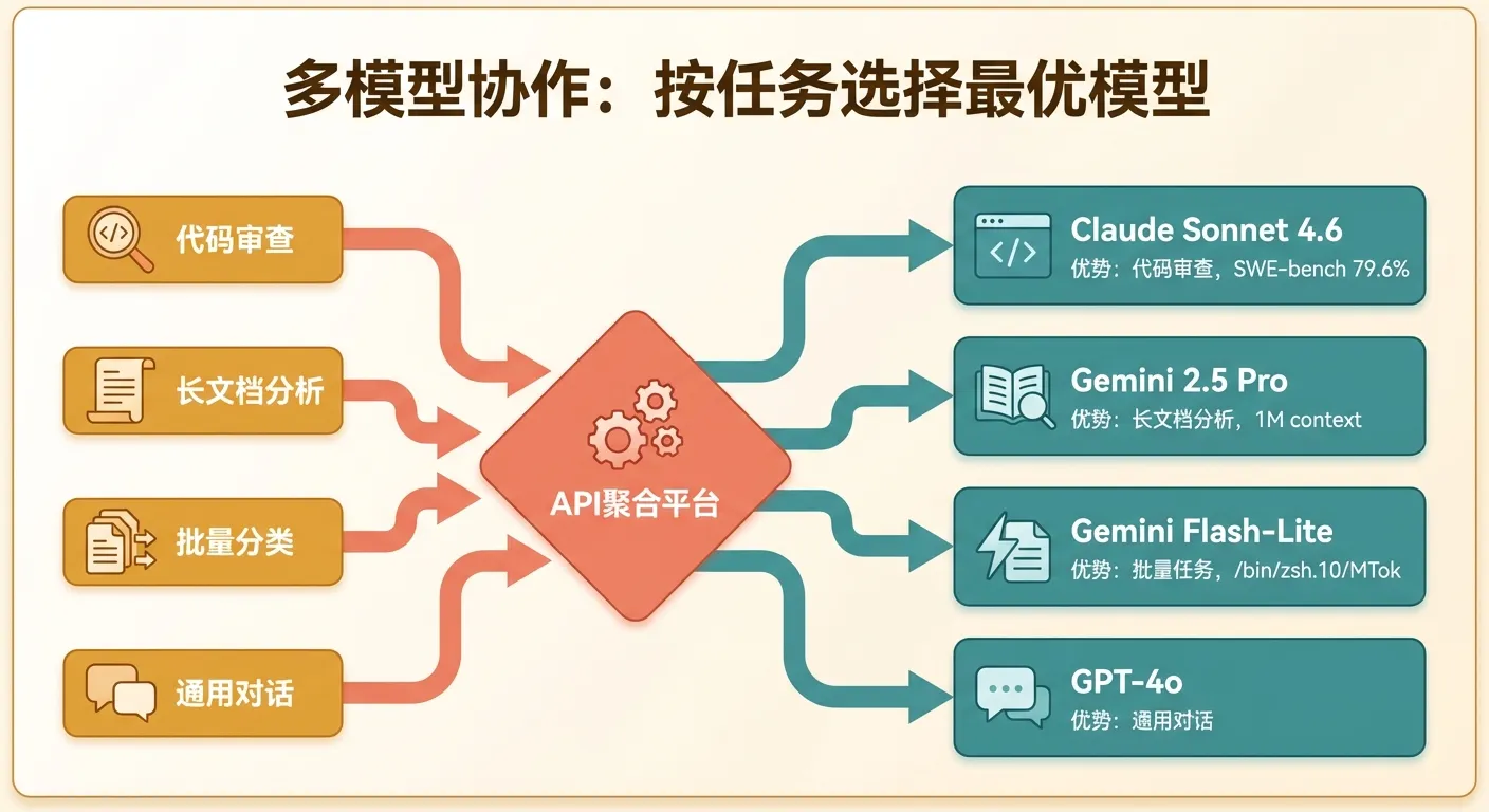 多模型协作:按任务类型路由到最优模型,通过 API 聚合平台统一调用