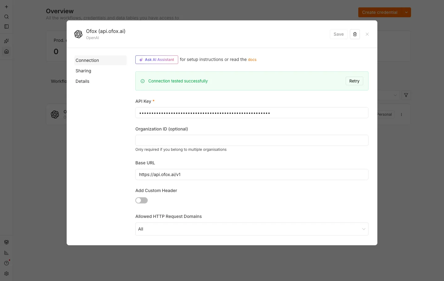 n8n 2.36.9 的 OpenAI 凭据弹窗，从上到下依次是绿色的 Connection tested successfully 提示、API Key、Organization ID、Base URL 一栏填着 https://api.ofox.run/v1、Add Custom Header 开关和 Allowed HTTP Request Domains 下拉