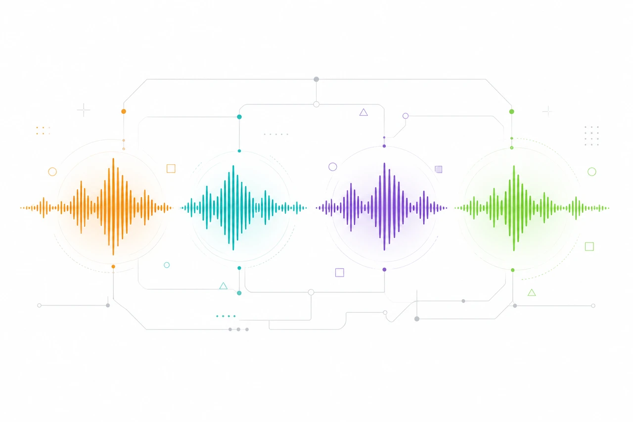 四色声波波形对比图，代表 ElevenLabs、IndexTTS2、Gemini TTS 和 Whisper V3 四种语音 API 的技术特征差异