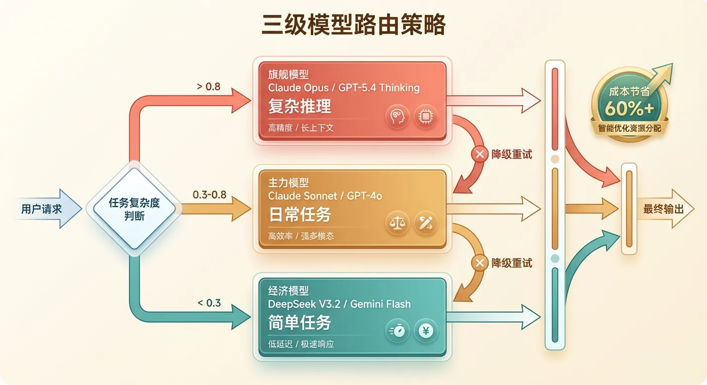 三级模型路由策略:按任务复杂度自动选择旗舰、主力或经济模型