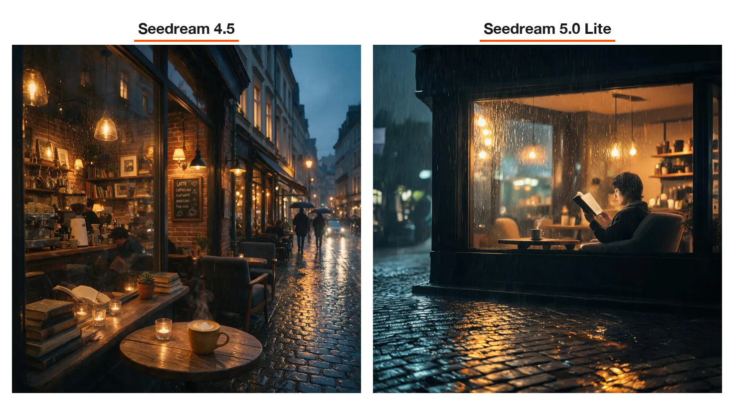 Сцена кофейни дождливым вечером, сравнение изображений Seedream 4.5 и 5.0 Lite