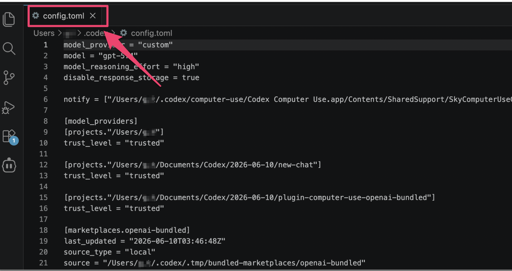 config.toml in editor