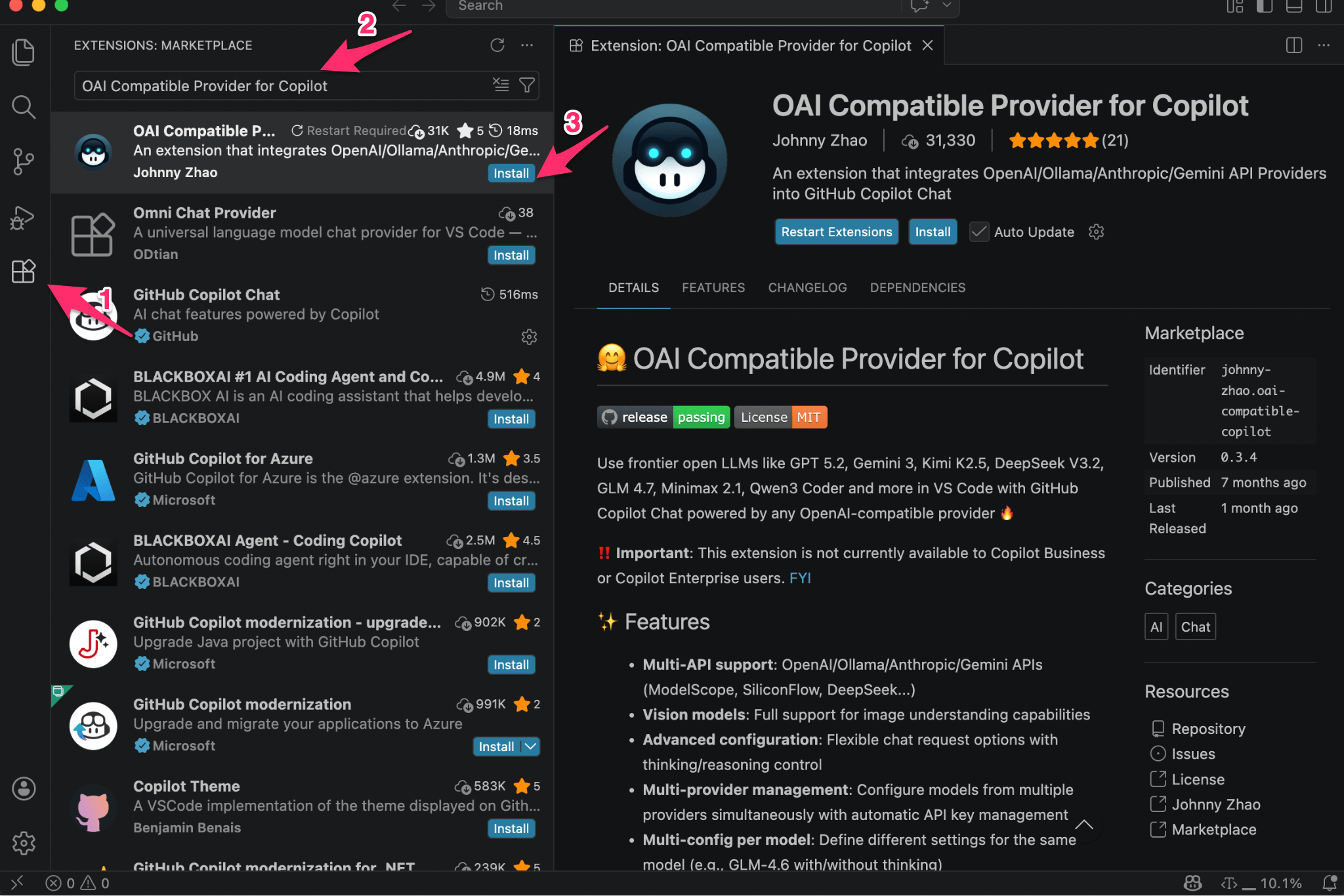 Install OAI Compatible Provider for Copilot extension