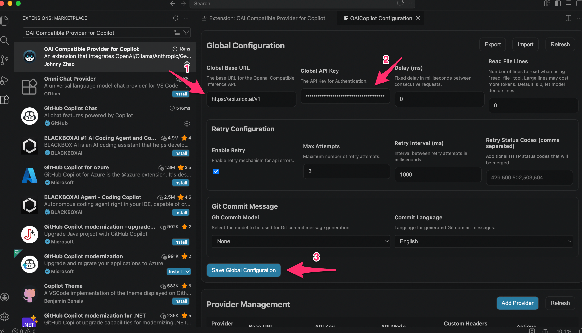Fill in Global Base URL and API Key then save