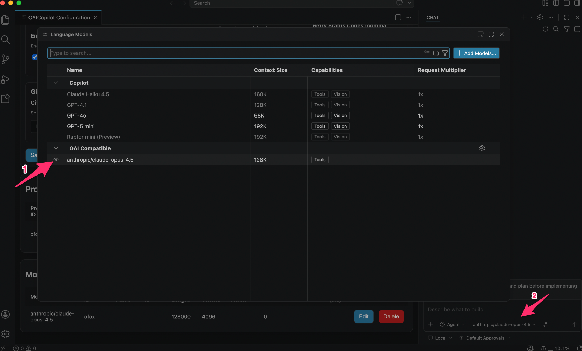 Confirm model appears under OAI Compatible group