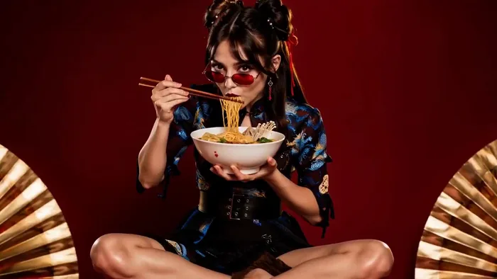 绯红影棚拉面广告