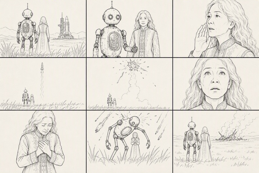 守护机器人与老奶奶 · 九宫格分镜 · 参考图 · image1 storyboard grid